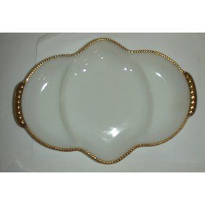 Fire King Oven Ware Divided White Milk Glass Gold Trim Dish vtg Anchor Hocking